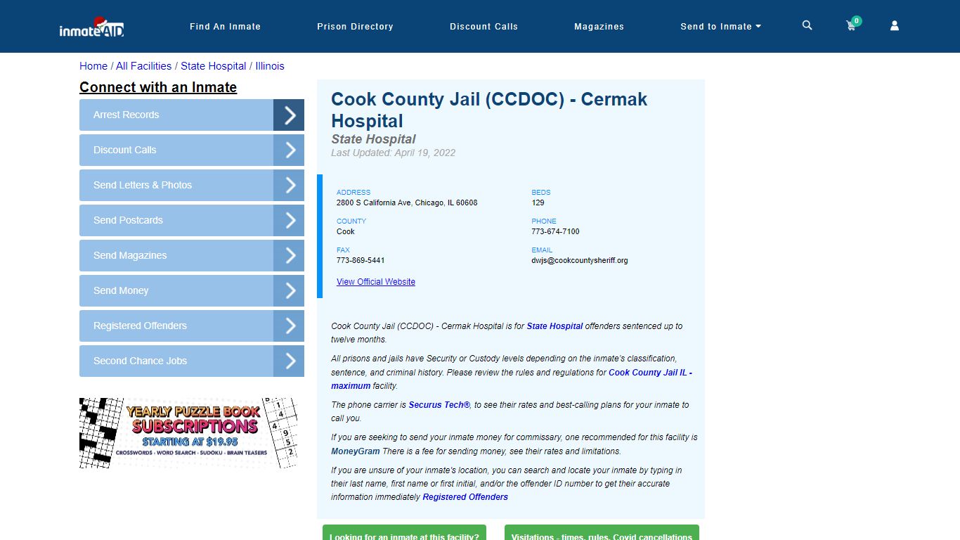 Cook County Jail (CCDOC) - Cermak Hospital & Inmate Search - Chicago, IL